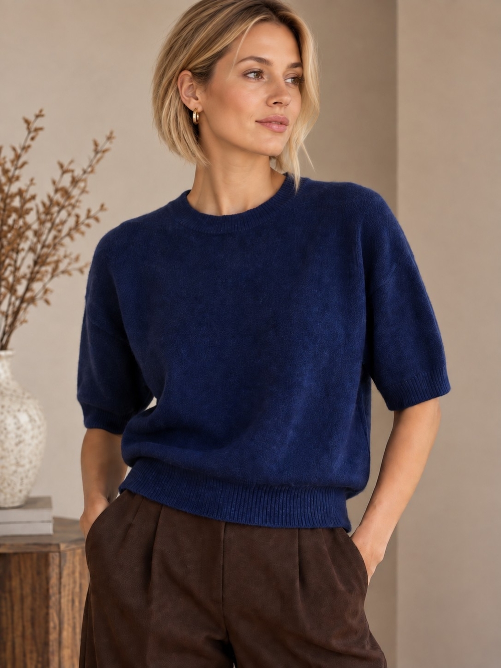 Magaschoni 100% Cashmere Deep Navy Short-Sleeve Crew Sweater